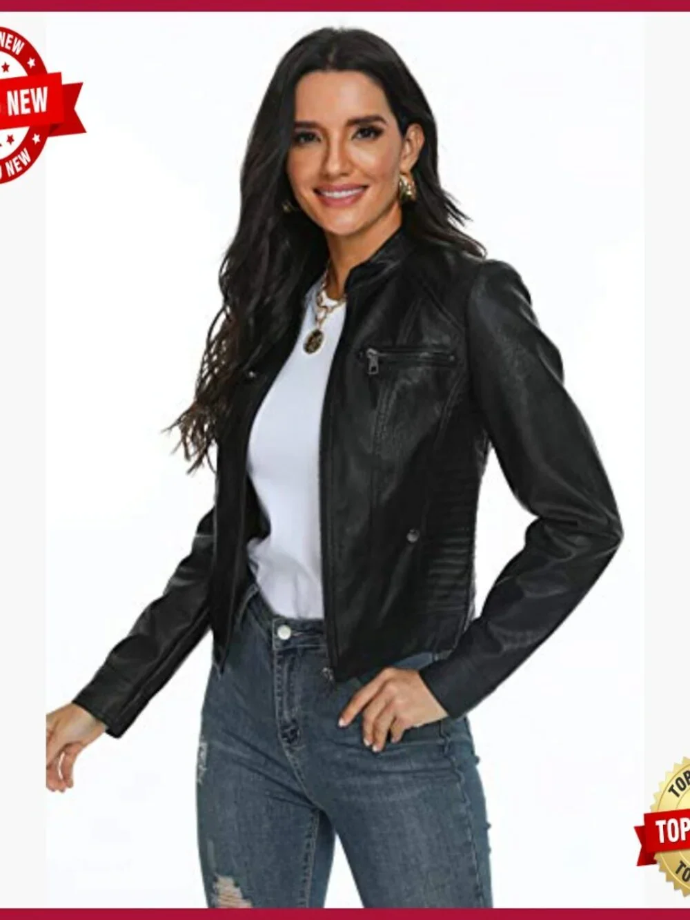Faux Leather Motorcycle Jacket with Stand Collar, Polyester Lining